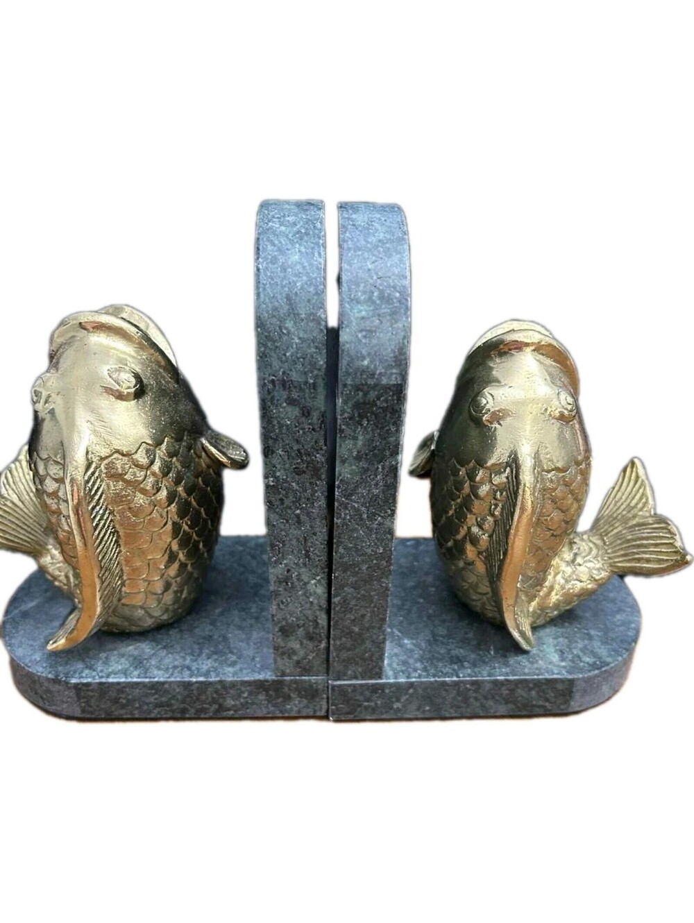 VTG Solid Brass Lacquered Koi Fish Bookends Verde Green Marble 3 1/2"x5"x7" High